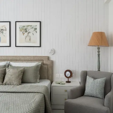 pastel scandinavian master bedroom with panelling — real Indian home