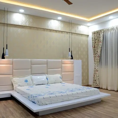 beige traditional master bedroom with wallpaper — real Indian home