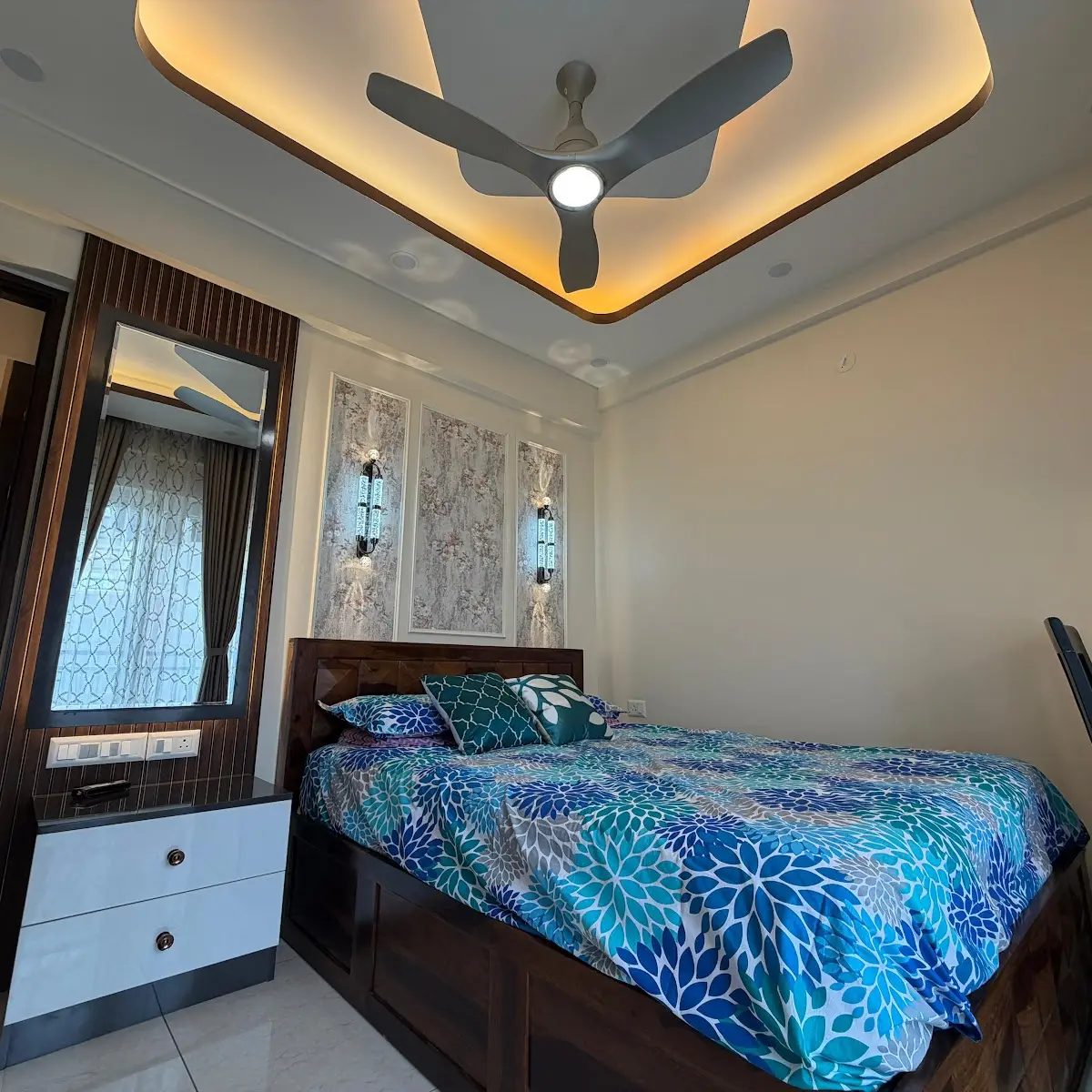 grey modern indian master bedroom with pop — real Indian home