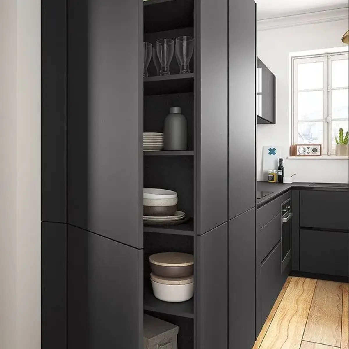 black and white modern minimalist kitchen with tall unit — real Indian home
