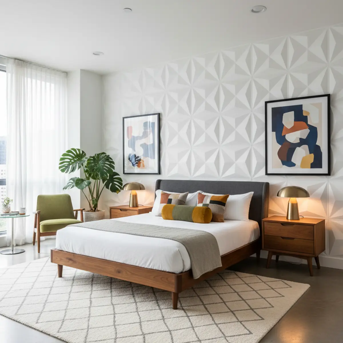 earthy mid century master bedroom with moulding — real Indian home
