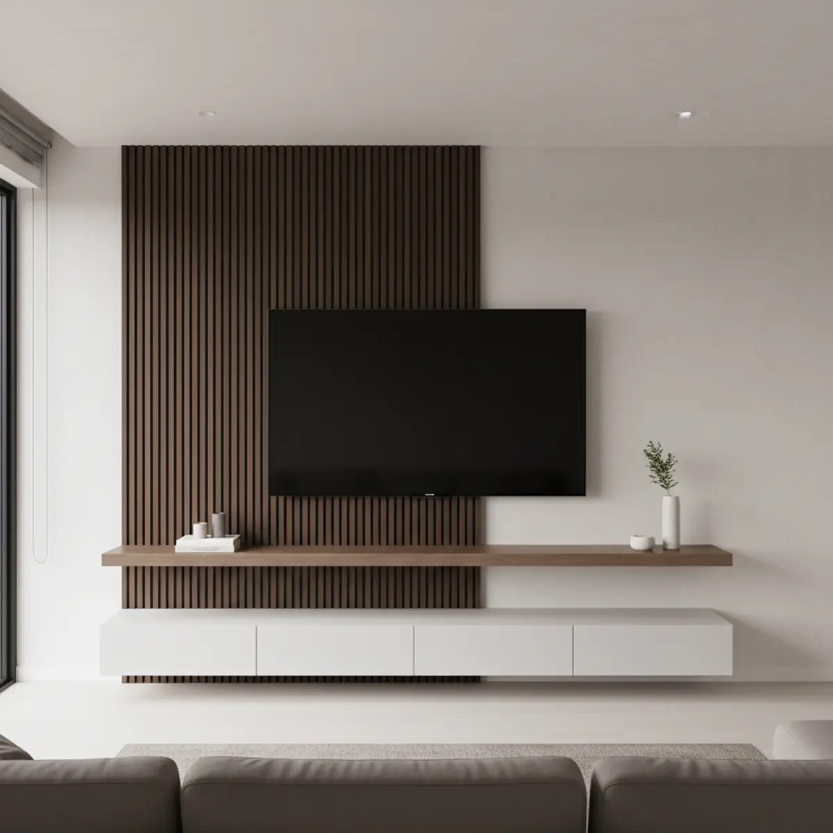 beige modern minimalist living room with panelling — real Indian home