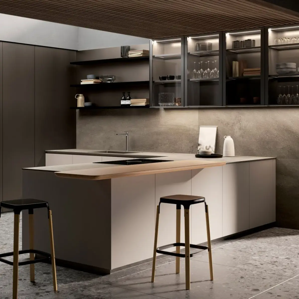 earthy modern minimalist kitchen with layout — real Indian home