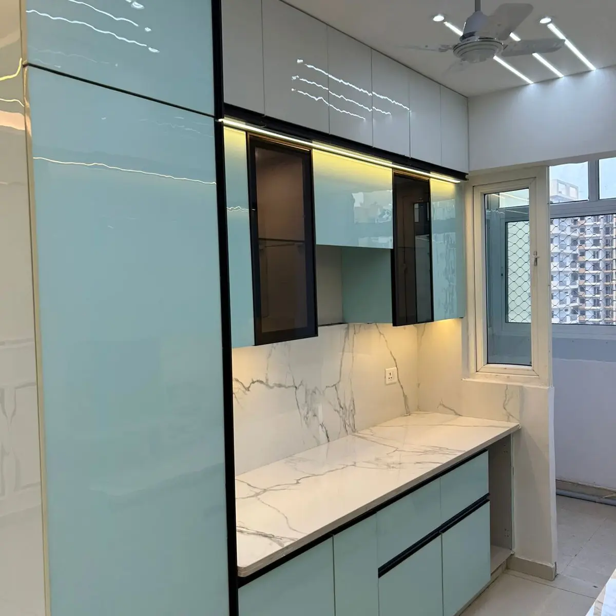 pastel modern minimalist kitchen with layout — real Indian home