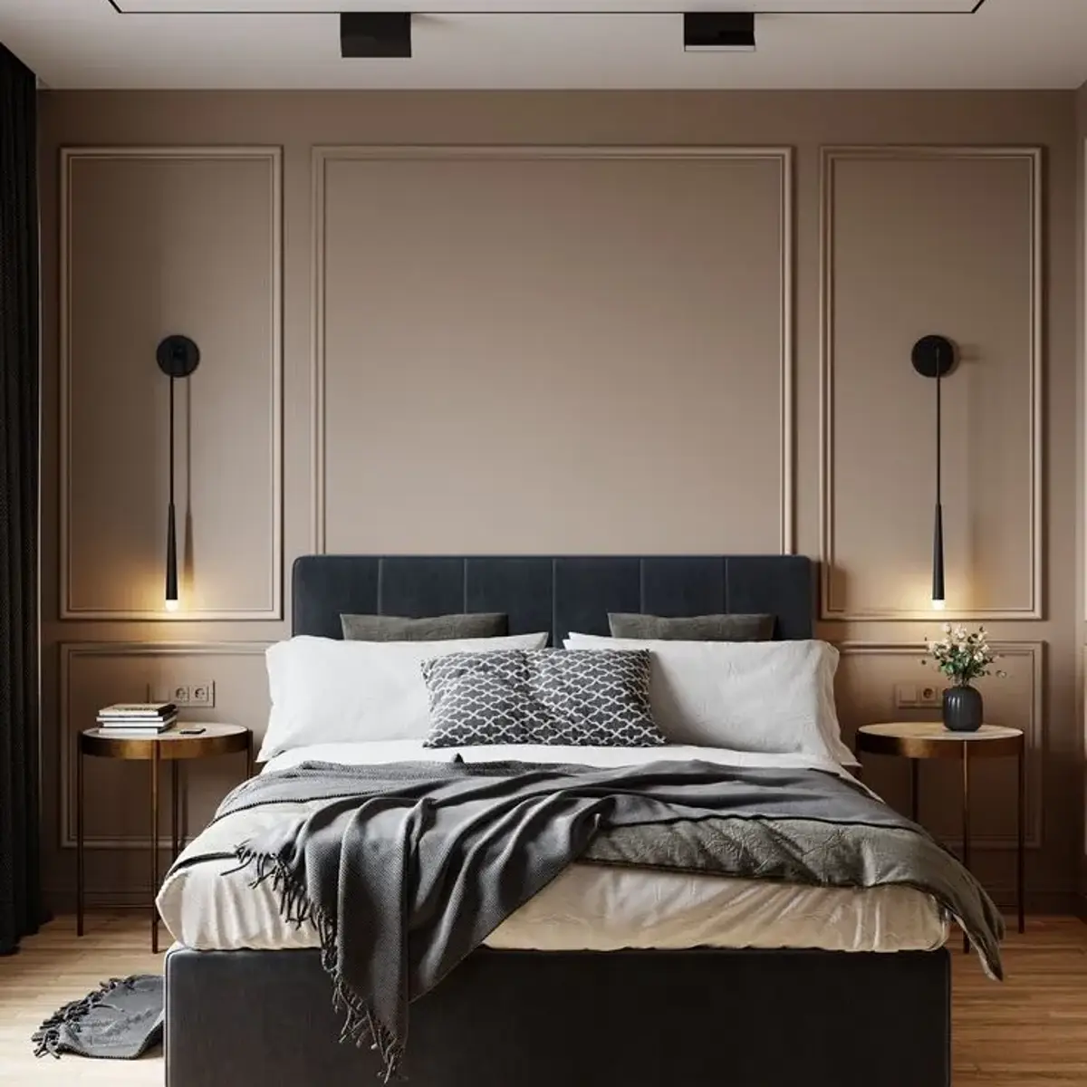 earthy modern minimalist master bedroom with moulding — real Indian home