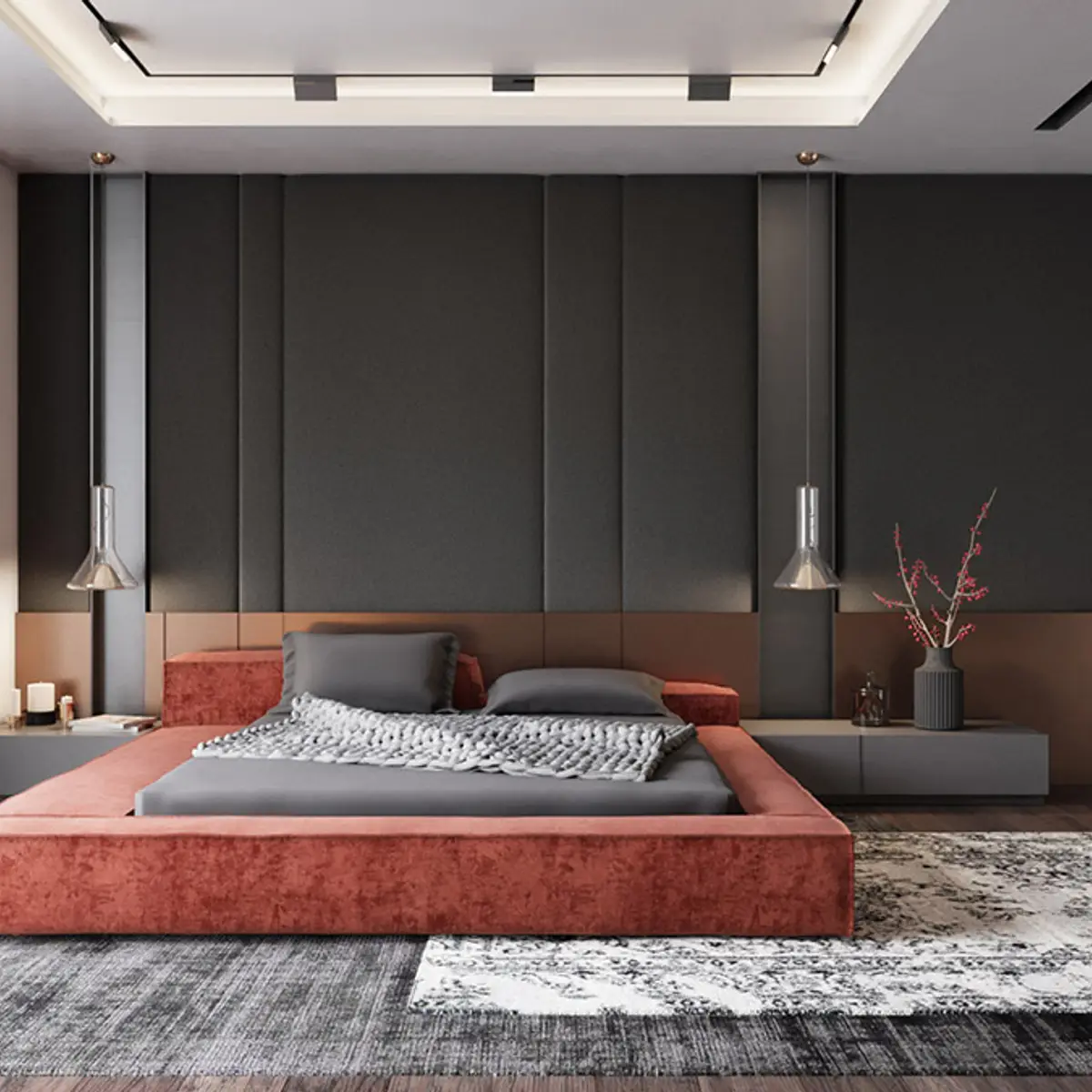bold colour modern minimalist master bedroom with panelling — real Indian home
