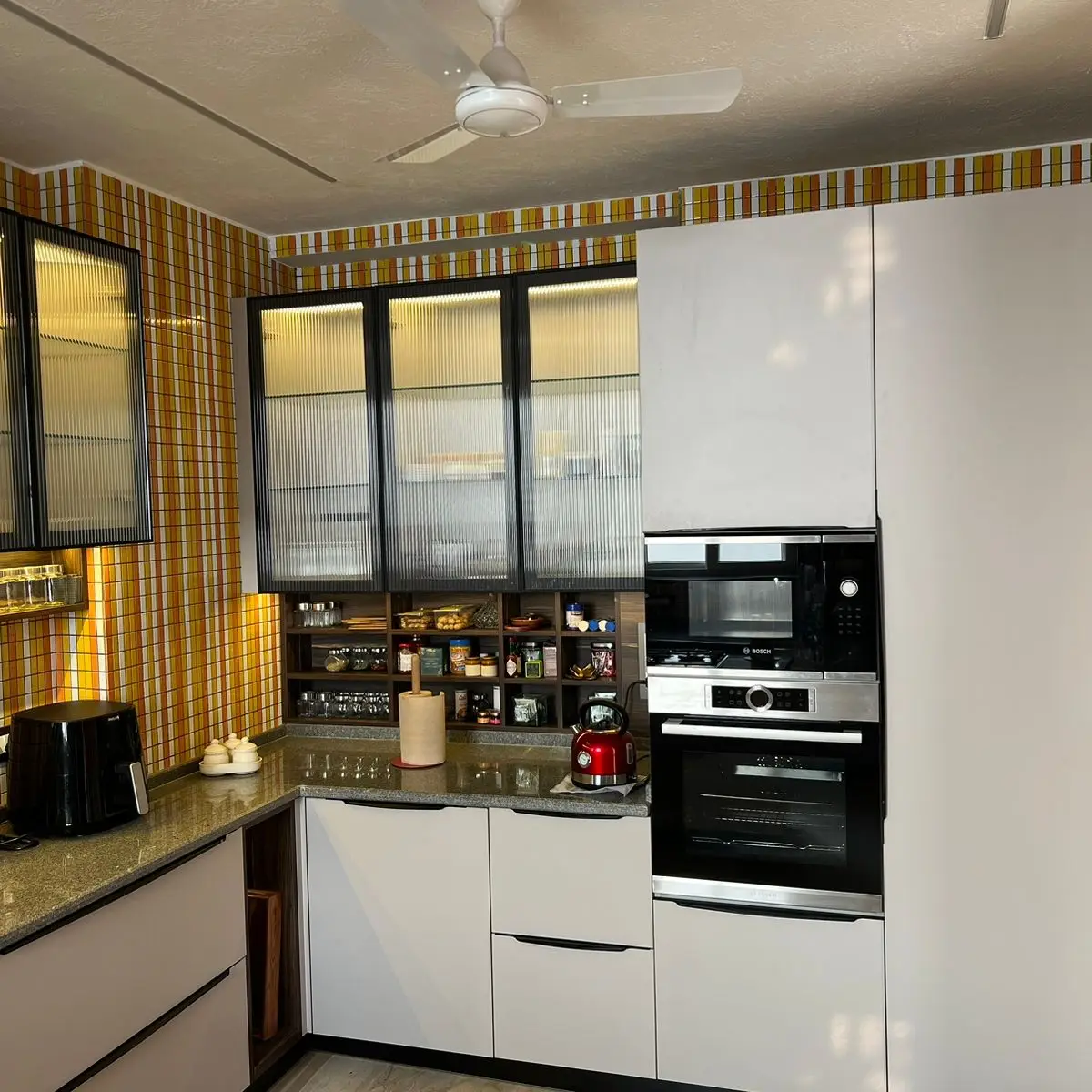 bold colour modern indian kitchen with layout — real Indian home