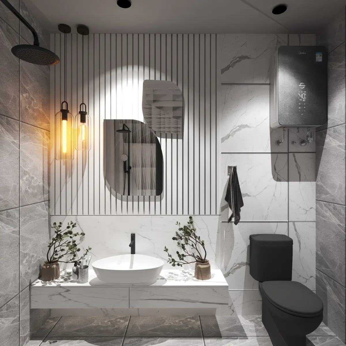 black and white modern minimalist bathroom with vanity — real Indian home