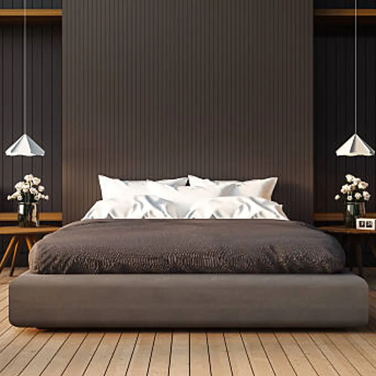black and white modern minimalist master bedroom with panelling — real Indian home