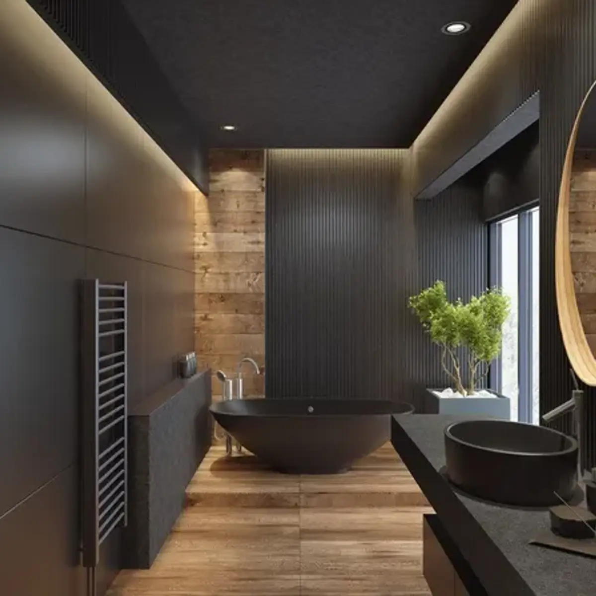 black and white modern minimalist bathroom with panelling — real Indian home