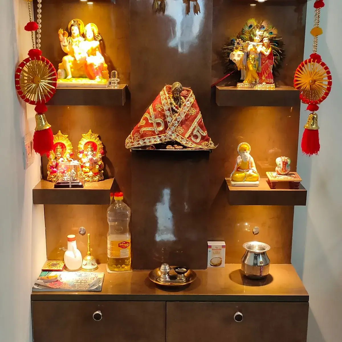 beige modern indian pooja room with pooja — real Indian home