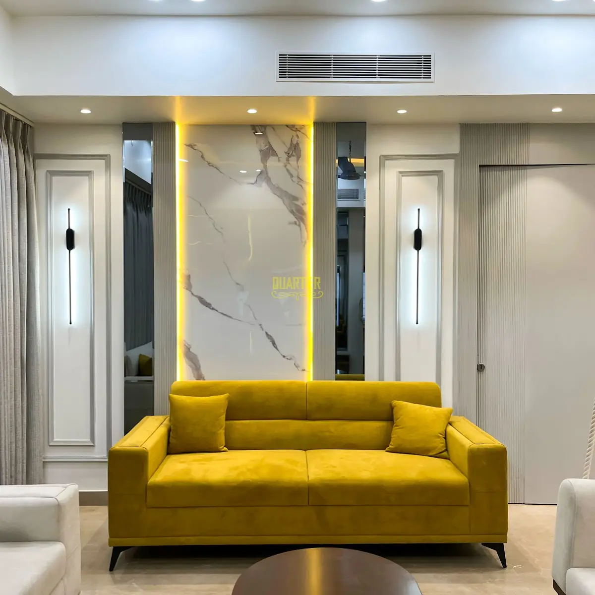 bold colour luxury living room with moulding — real Indian home