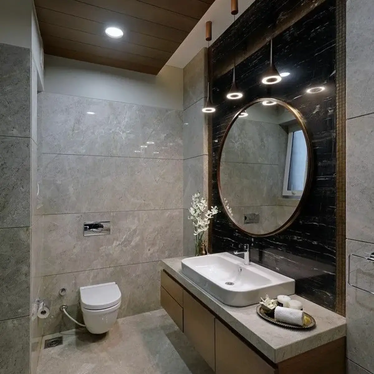 grey modern minimalist bathroom with vanity — real Indian home