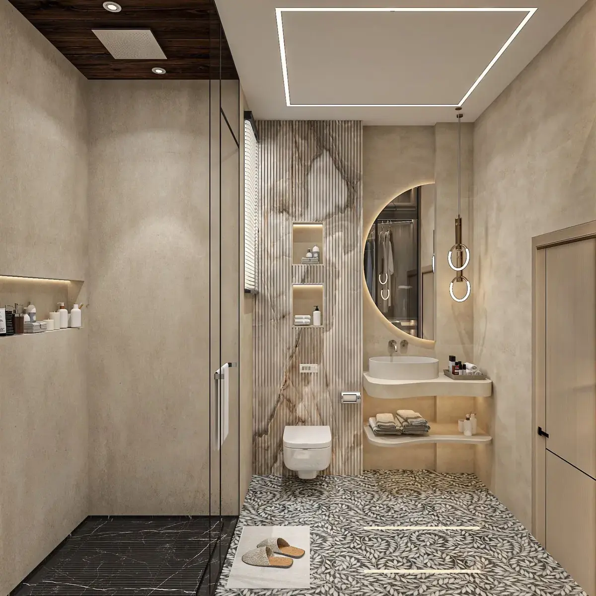 beige modern minimalist bathroom with vanity — real Indian home