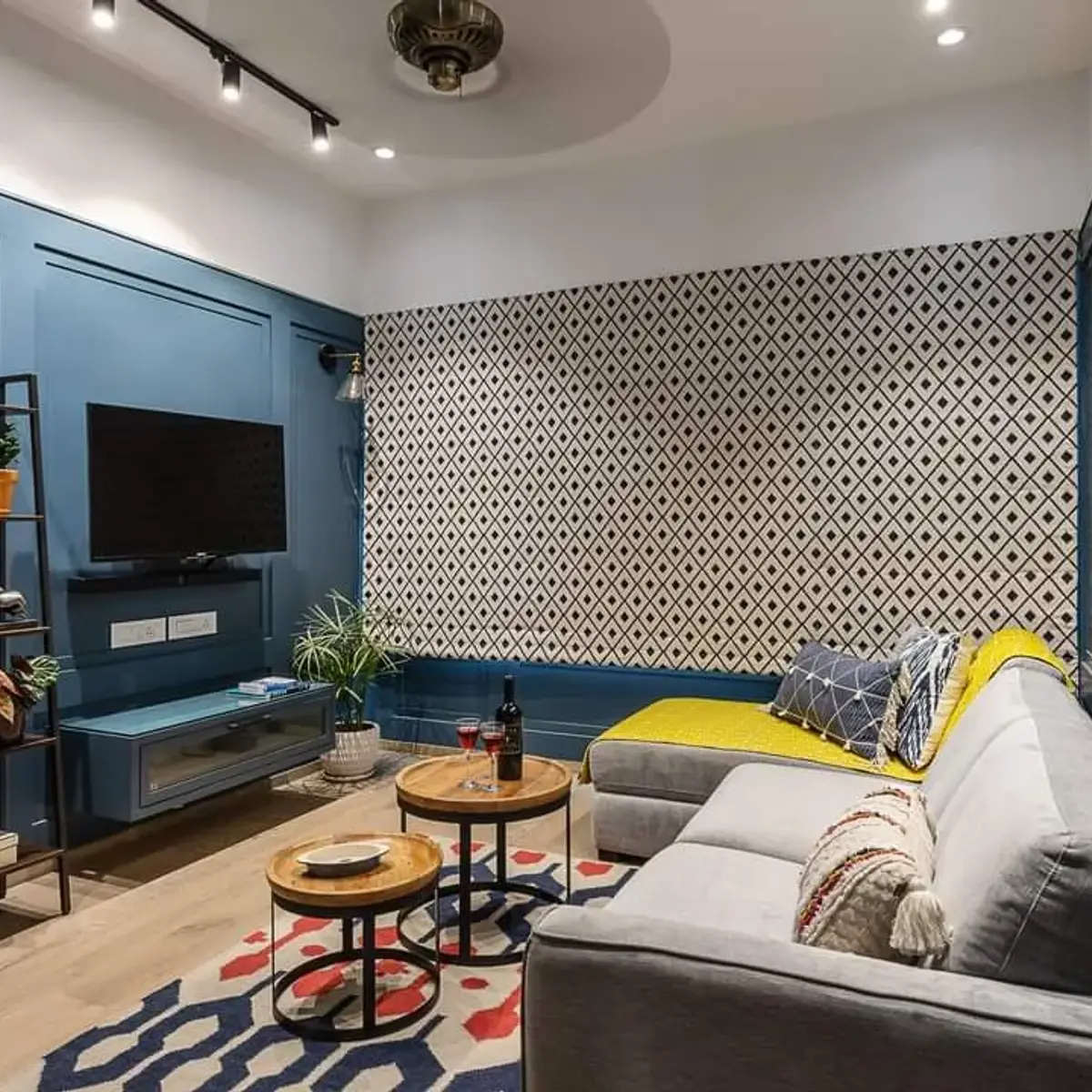 bold colour boho living room with panelling — real Indian home