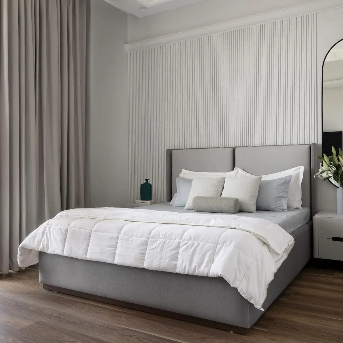 grey modern minimalist master bedroom with panelling — real Indian home