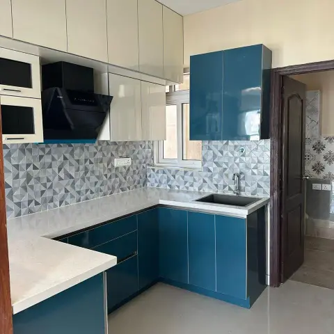 jewel tone modern minimalist kitchen with layout — real Indian home