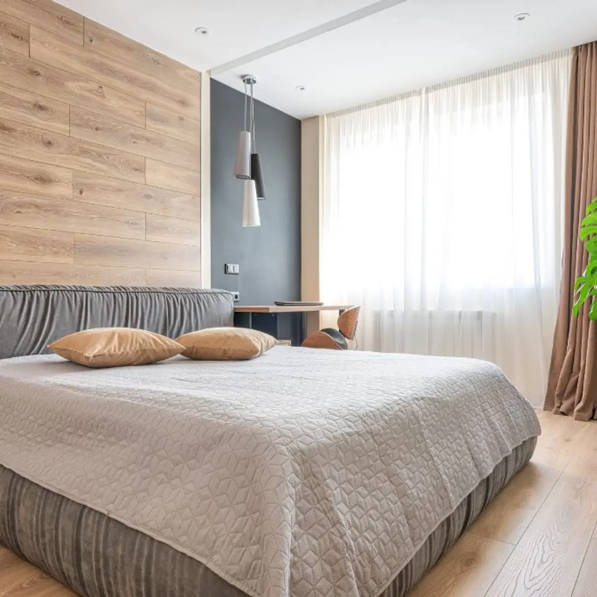beige scandinavian master bedroom with cladding — real Indian home