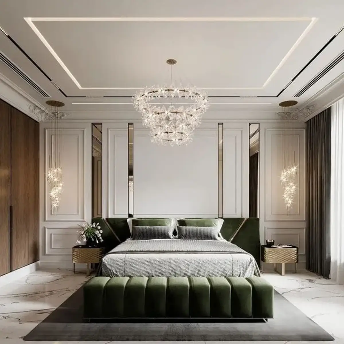 jewel tone luxury master bedroom with moulding — real Indian home
