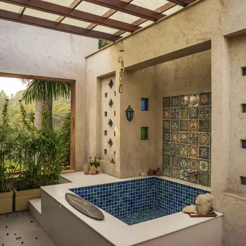 earthy boho bathroom with jaali — real Indian home