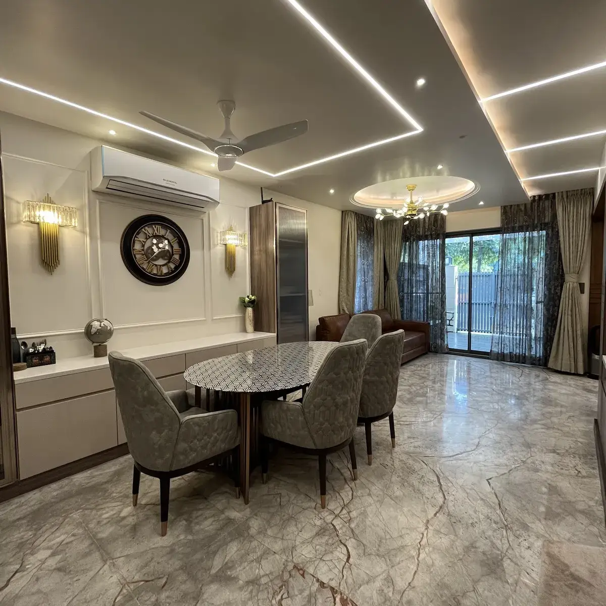 grey modern indian dining room with cove — real Indian home