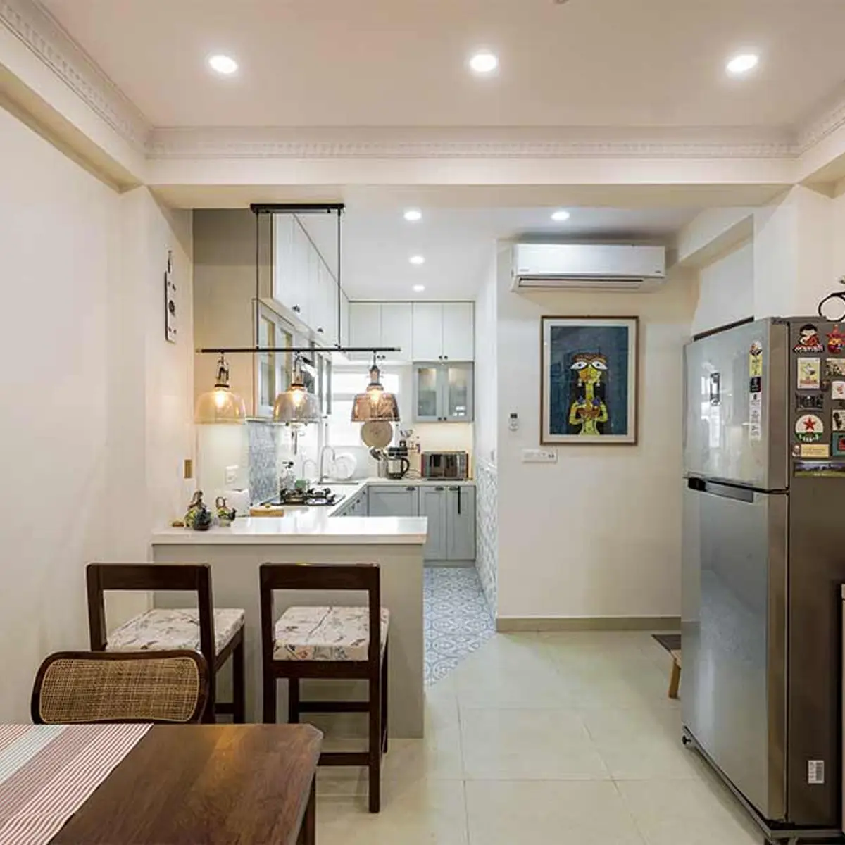 beige boho kitchen with layout — real Indian home