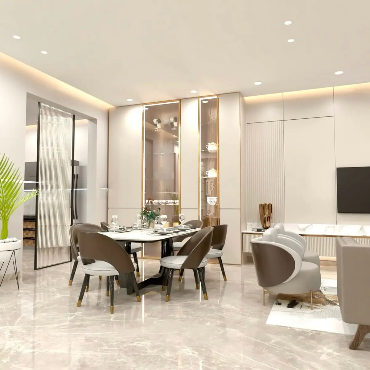 beige modern minimalist dining room with marble — real Indian home