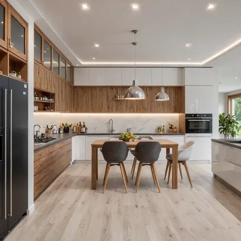 beige modern minimalist kitchen with layout — real Indian home