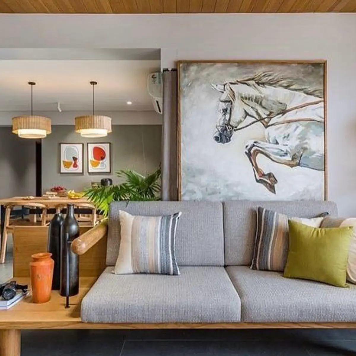 beige mid century living room with seating — real Indian home