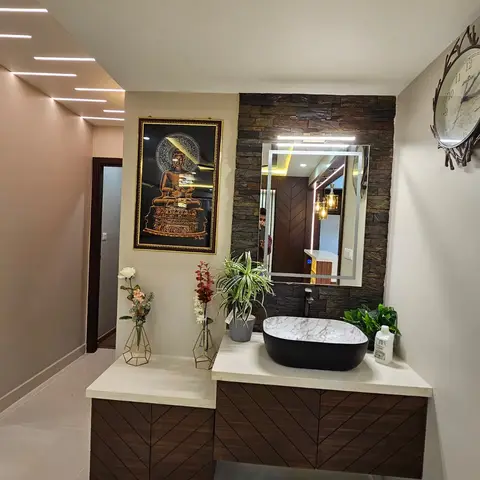 earthy modern indian bathroom with vanity — real Indian home