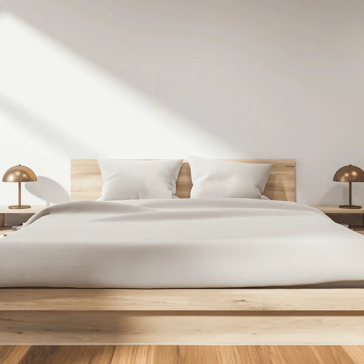 beige modern minimalist master bedroom with wood — real Indian home