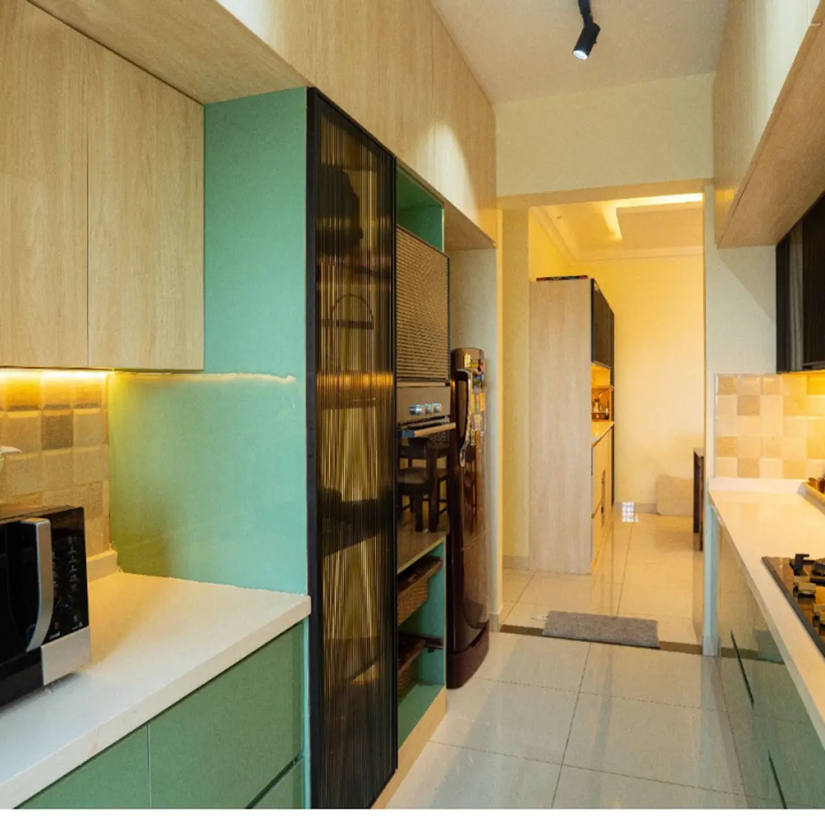 pastel modern indian kitchen with layout — real Indian home