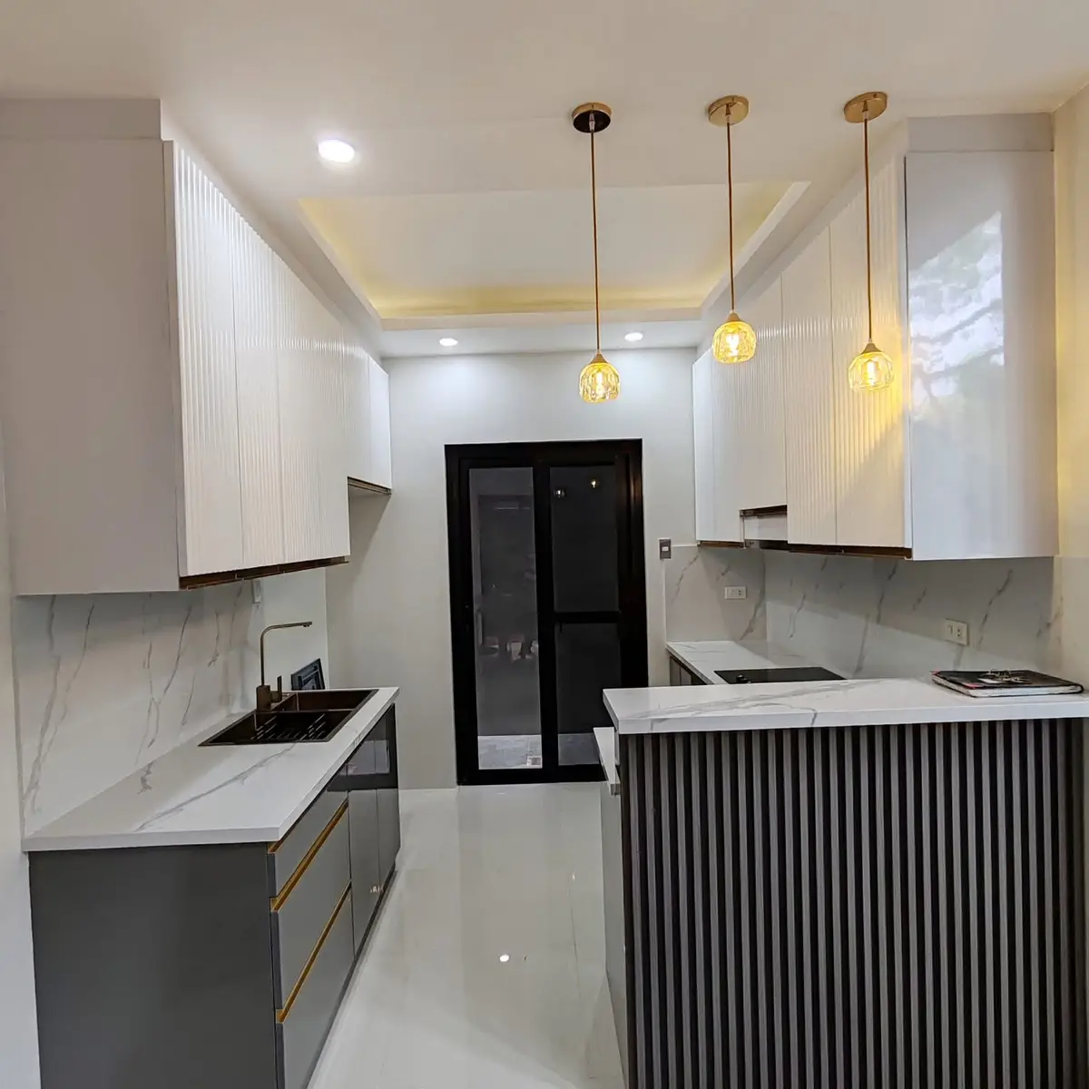 black and white modern indian kitchen with layout — real Indian home