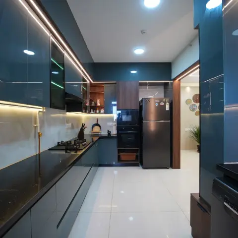jewel tone modern minimalist kitchen with layout — real Indian home