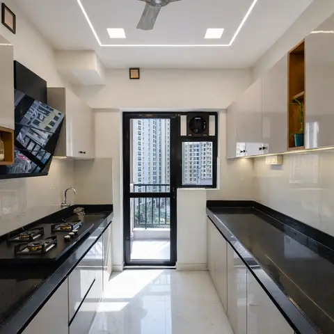 black and white modern indian kitchen with layout — real Indian home