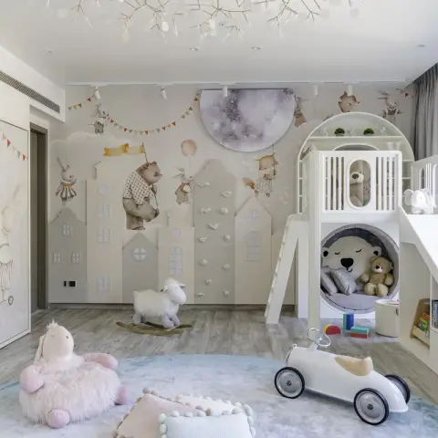 pastel scandinavian kids bedroom with wallpaper — real Indian home