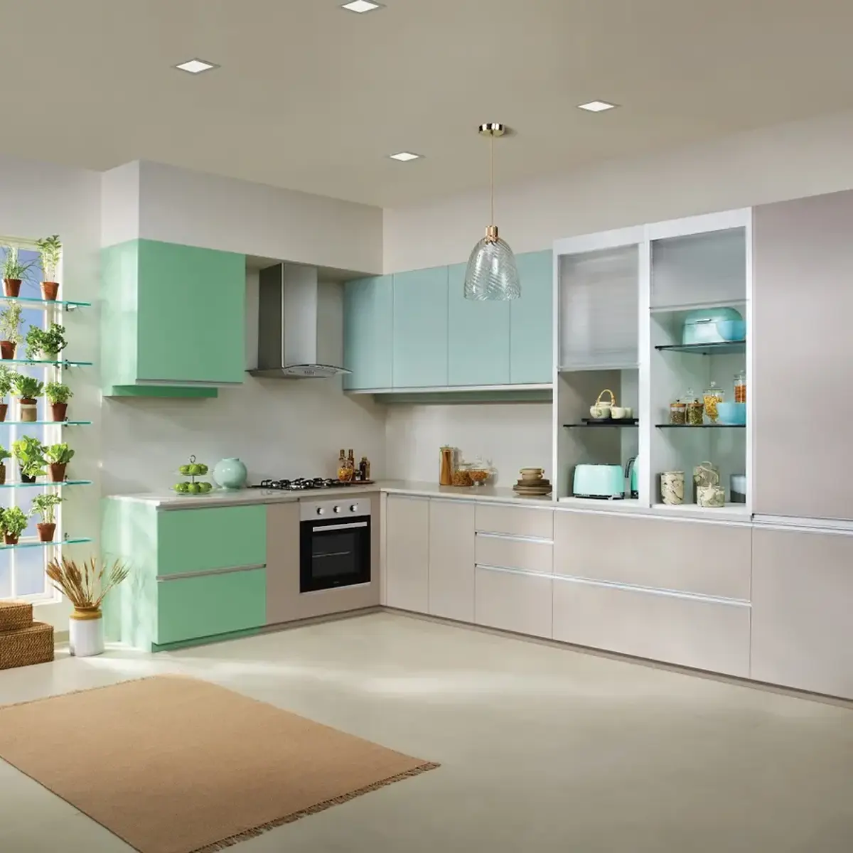 pastel modern minimalist kitchen with shutter — real Indian home