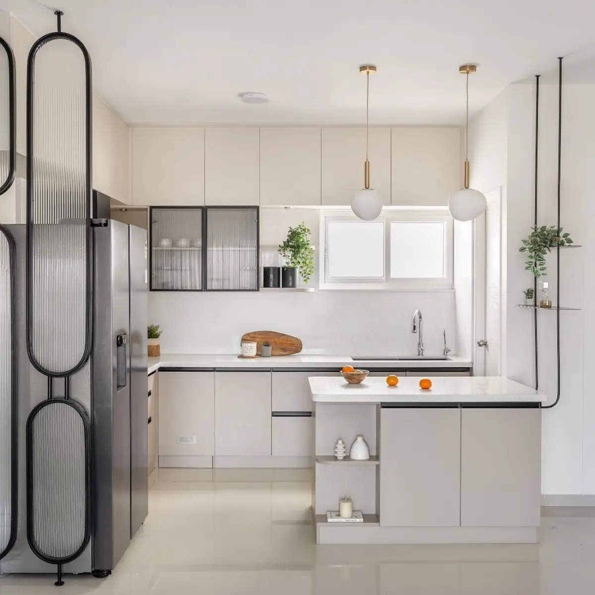 pastel modern minimalist kitchen with layout — real Indian home