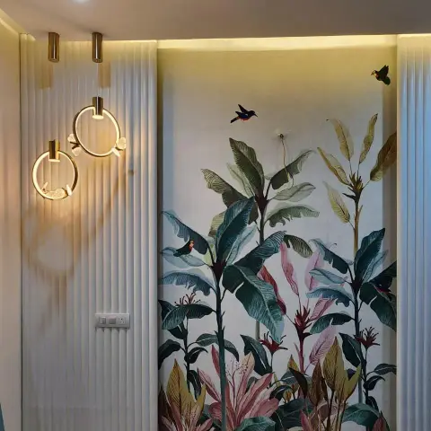 earthy boho entrance foyer with wallpaper — real Indian home