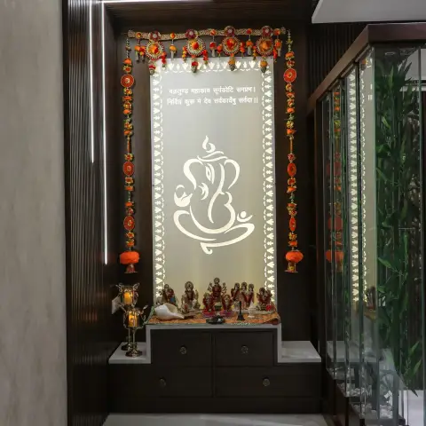 earthy modern indian pooja room with pooja — real Indian home