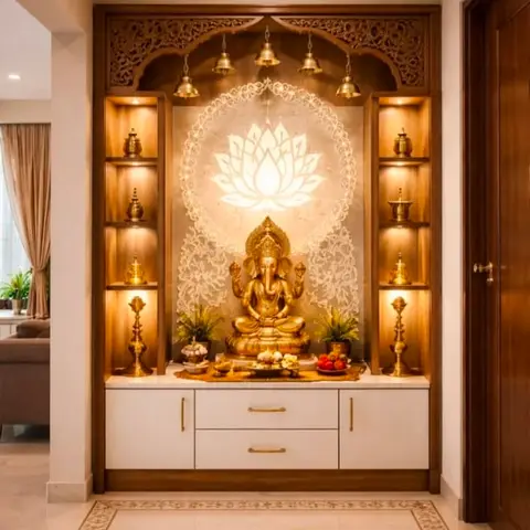beige traditional pooja room with pooja — real Indian home