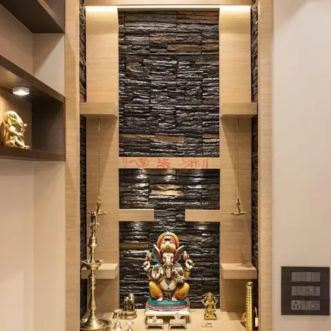 earthy modern indian pooja room with cladding — real Indian home