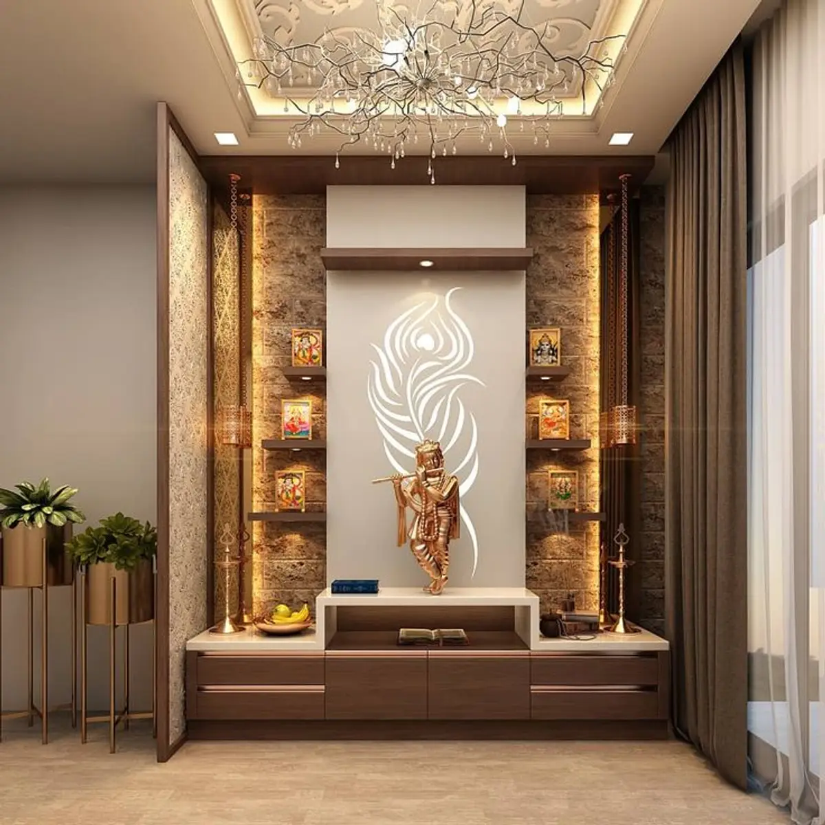 earthy traditional pooja room with pooja — real Indian home