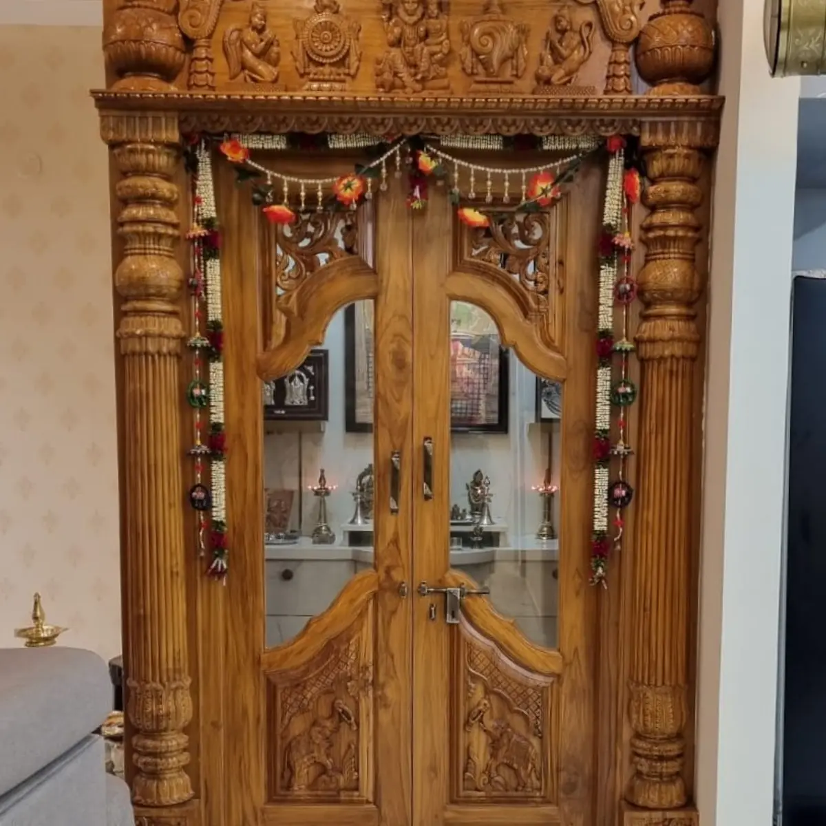 earthy traditional pooja room with pooja — real Indian home