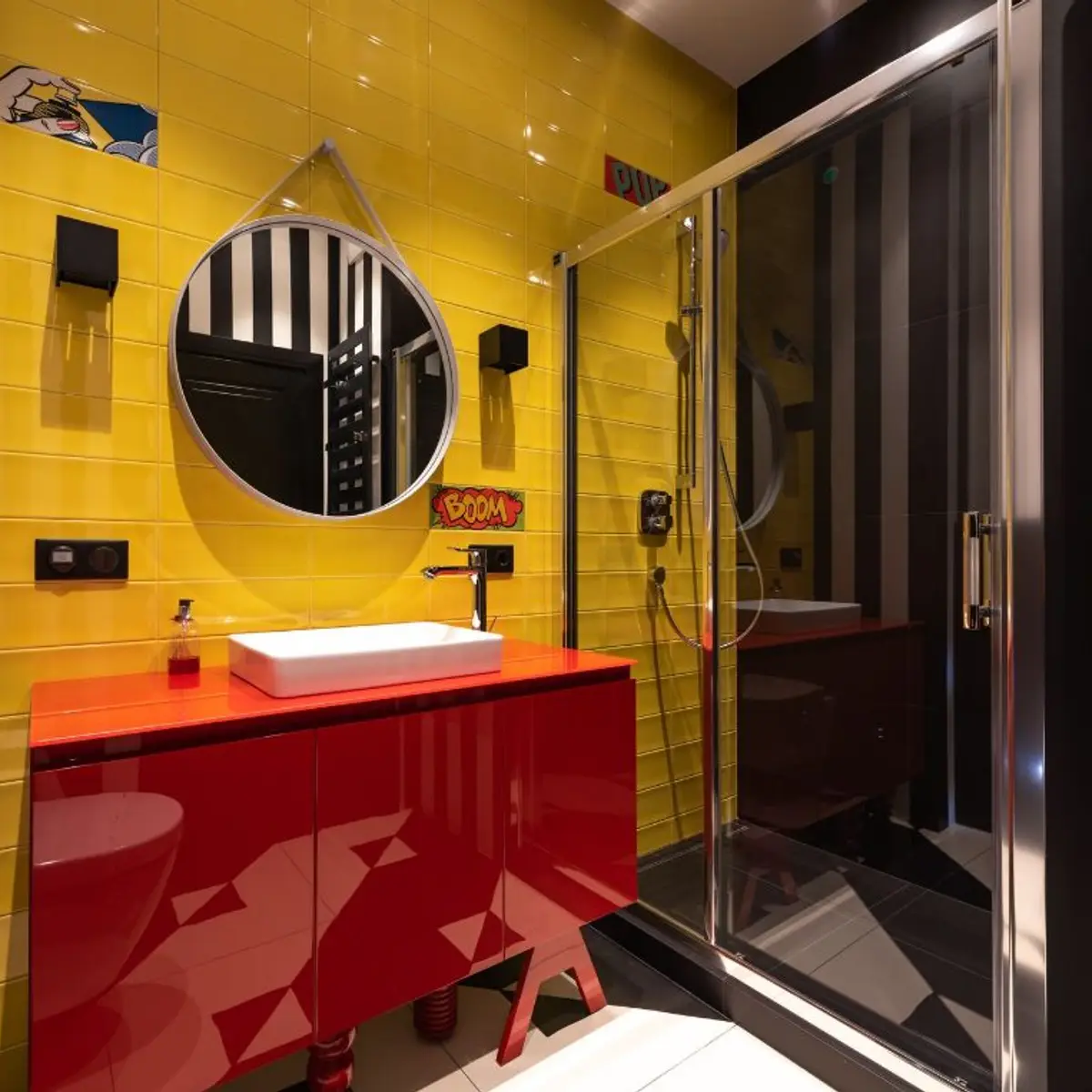 bold colour luxury bathroom with vanity — real Indian home