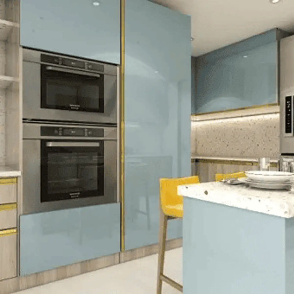 bold colour modern minimalist kitchen with layout — real Indian home