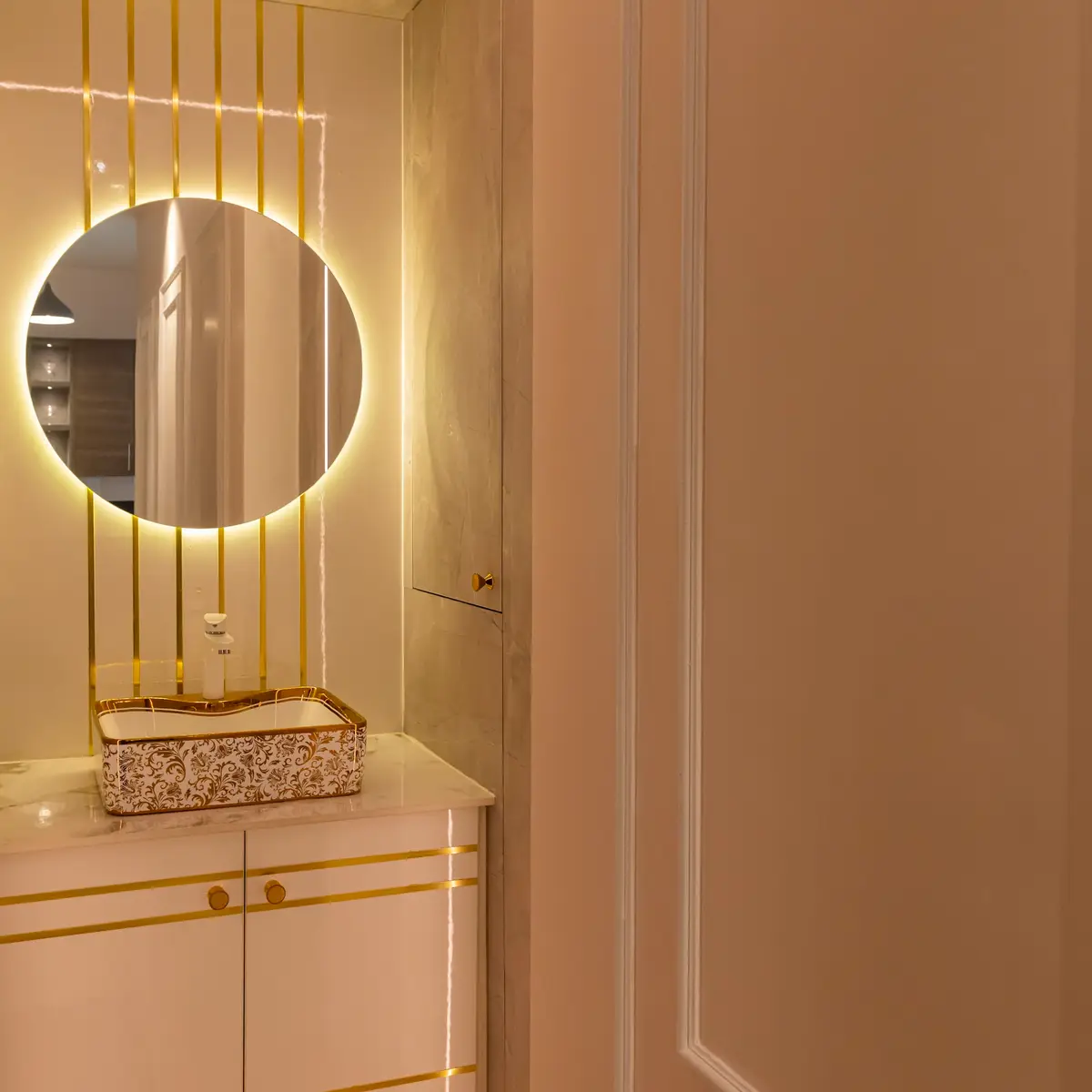 jewel tone luxury bathroom with vanity — real Indian home