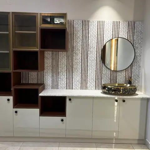 bold colour luxury bathroom with vanity — real Indian home
