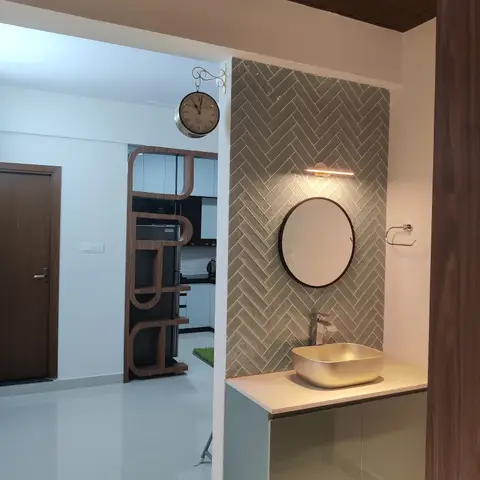 earthy modern minimalist bathroom with vanity — real Indian home