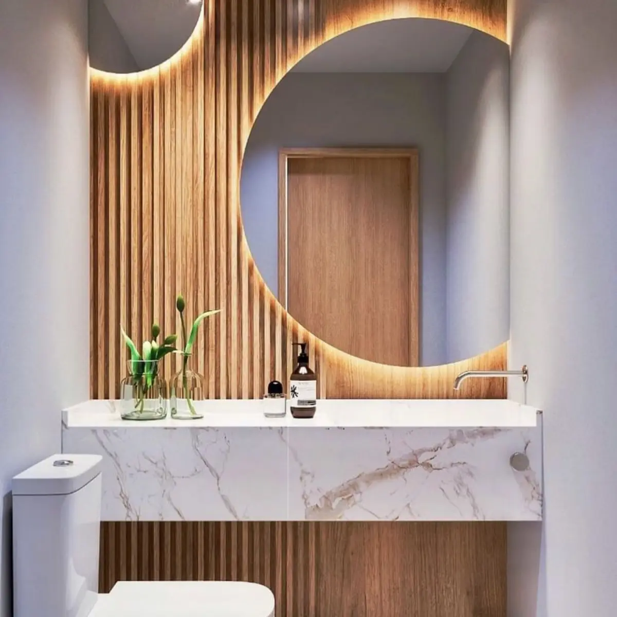 beige modern minimalist bathroom with vanity — real Indian home
